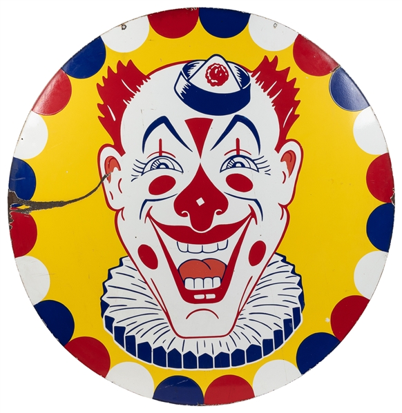  A Round Porcelain Clown Amusement Park Sign. Circa 1950s. 4...
