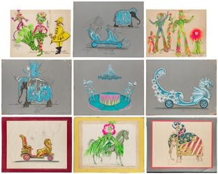  ARTIST UNKNOWN. Eight Original Circus Costume and Set Drawi...