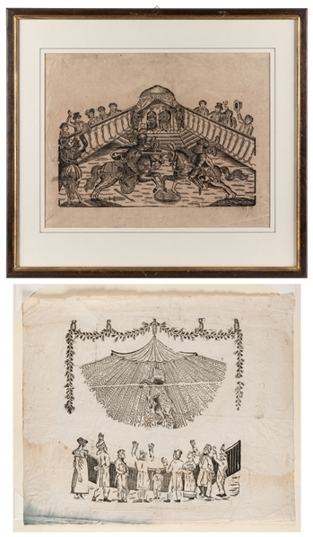  Two early circus woodblock prints. European, ca. 18th centu...