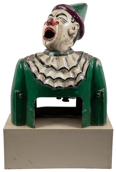  [CARNIVAL GAMES]. Cast Aluminum Clown Figure Topper for Bal...