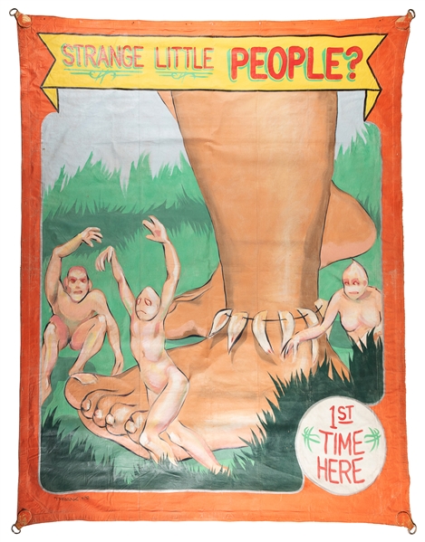  Strange Little People? sideshow banner. Painted canvas bann...