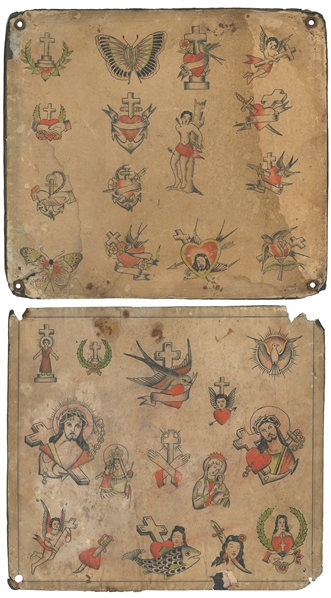  Pair of Religious Tattoo Flash Sheets. The Bowery, New York...
