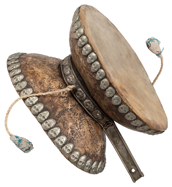  Tibetan Kapala Skull Drum. Circa 19th century. Double-sided...