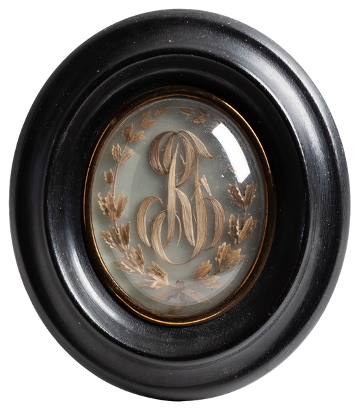  French Hair Mourning Display. France, ca. 1895. Oval wooden...