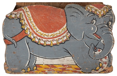  Circus Elephant Toy Box. Circa 1950s. Wooden box with a cut...