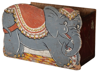  Circus Elephant Toy Box. Circa 1950s. Wooden box with a cut...
