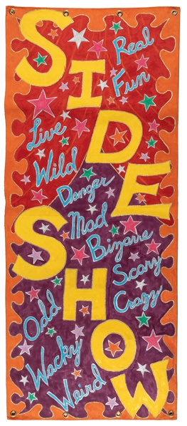  Contemporary sideshow banner. Painted canvas. 69 ½ x 29".
