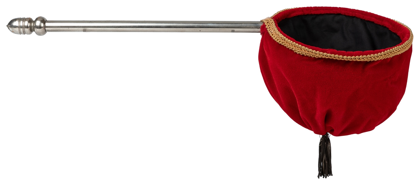  Change Bag. Circa 1930. Red plush bag on long metal handle ...