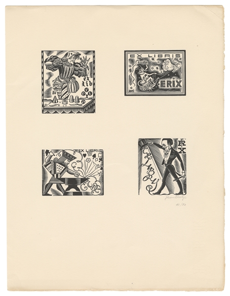  [BOOKPLATES]. LAUREAU, M. (1911 – 2004). Quatre Ex-Libris P...