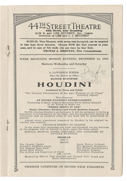  HOUDINI (Erik Weisz, 1874 – 1926). Houdini Final Tour Theat...