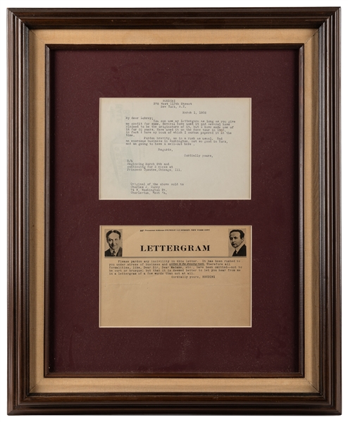  HOUDINI (Erik Weisz, 1874 – 1926). Houdini Lettergram and C...