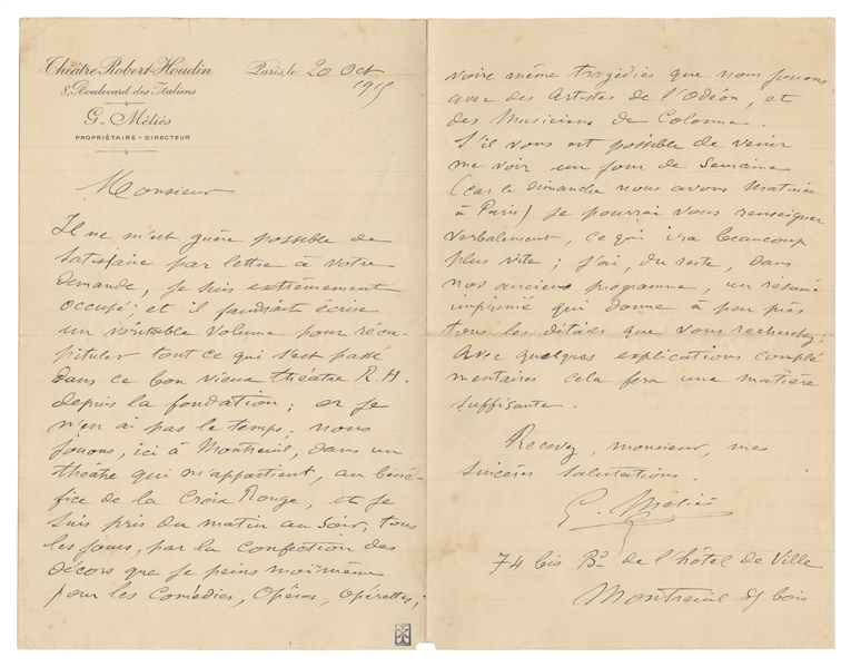  MÉLIÈS, Georges (1861 – 1938). Autograph Letter Signed by G...