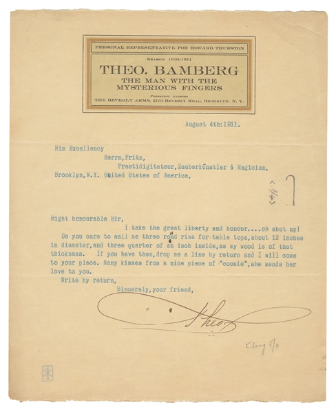  OKITO (Theo. Bamberg, 1875 – 1963). Humorous Okito TLS to F...