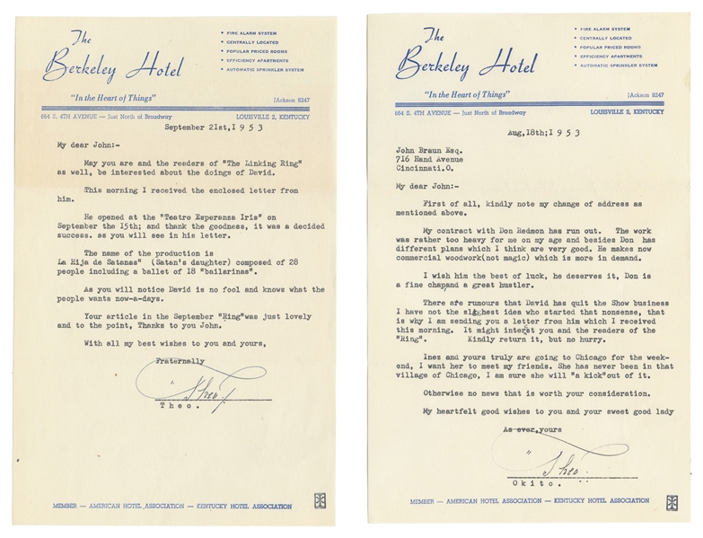  OKITO (Theo. Bamberg, 1875 – 1963). Two Okito TLSs to John ...
