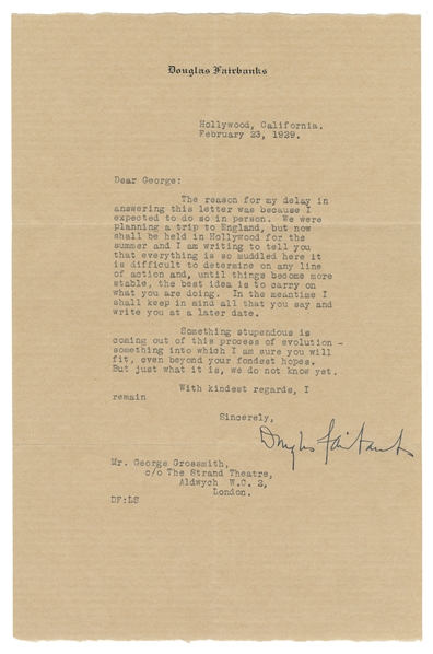  FAIRBANKS, Douglas Sr. (1883 – 1939). Typed letter signed. ...