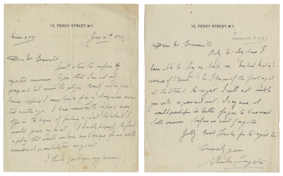  LAUGHTON, Charles (1899 – 1962). Two autograph letters sign...