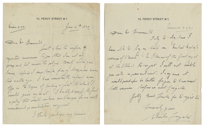  LAUGHTON, Charles (1899 – 1962). Two autograph letters sign...