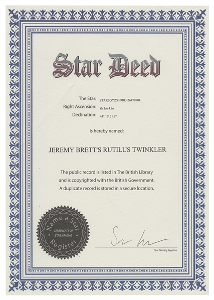  BRETT, Jeremy (1933-1995). “Star Deed" for a Star Named for...