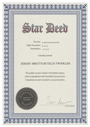  BRETT, Jeremy (1933-1995). “Star Deed" for a Star Named for...
