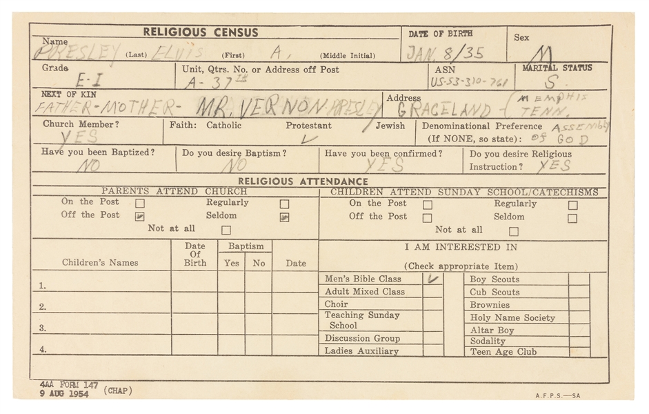  Elvis Presley Religious Census Card and Memorabilia Collect...