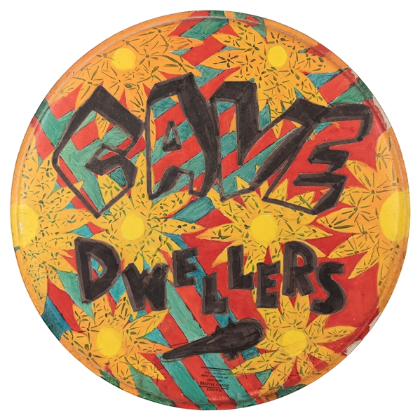  [GARAGE BAND]. The Cave Dwellers painted drumhead. A 21" Re...