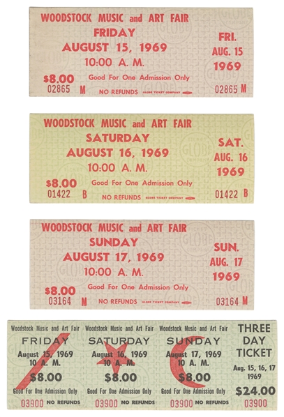  Four Unused Woodstock Concert Tickets. 1969. Includes singl...