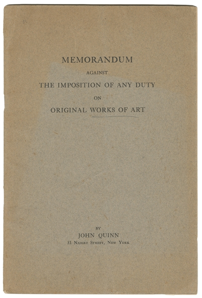  [ART IN AMERICA]. QUINN, John (1870-1924). Memorandum Again...