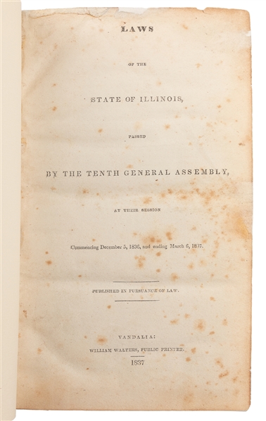  [CHICAGO]. Laws of the State of Illinois, Passed by the Ten...