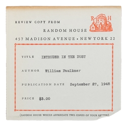  FAULKNER, William (1897-1962). Intruder in the Dust. New Yo...