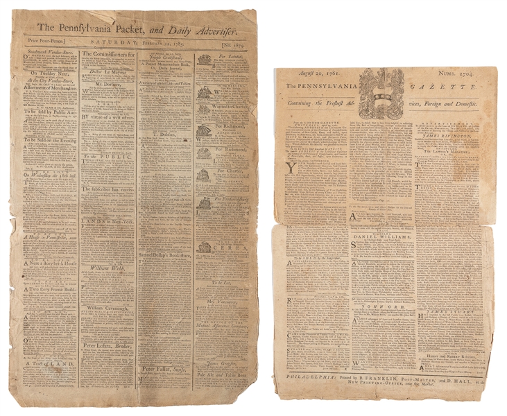  [NEWSPAPERS]. [FRANKLIN, Ben (1706-1790), printer]. Pair of...