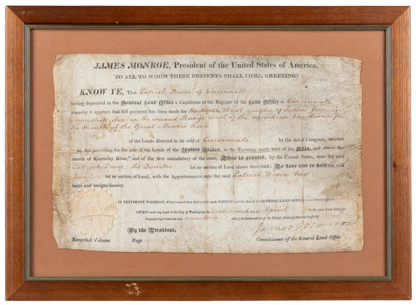  MONROE, James (1758-1831). Land Grant Document Signed as Pr...
