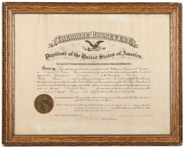  ROOSEVELT, Theodore (1858-1919). Document Signed as Preside...