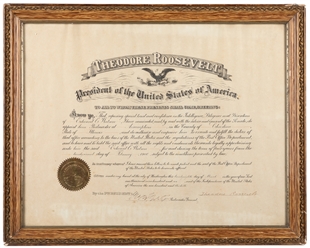 ROOSEVELT, Theodore (1858-1919). Document Signed as Preside...