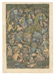 [UNKNOWN ARTIST]. Original Watercolor of a Balinese Scene o...