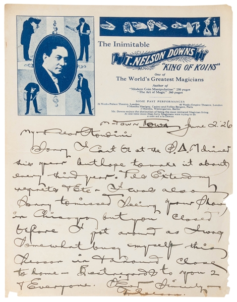  DOWNS, T. Nelson (1867 – 1938). One Page ALS to Harry Houdi...