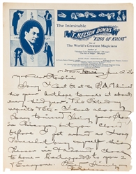  DOWNS, T. Nelson (1867 – 1938). One Page ALS to Harry Houdi...