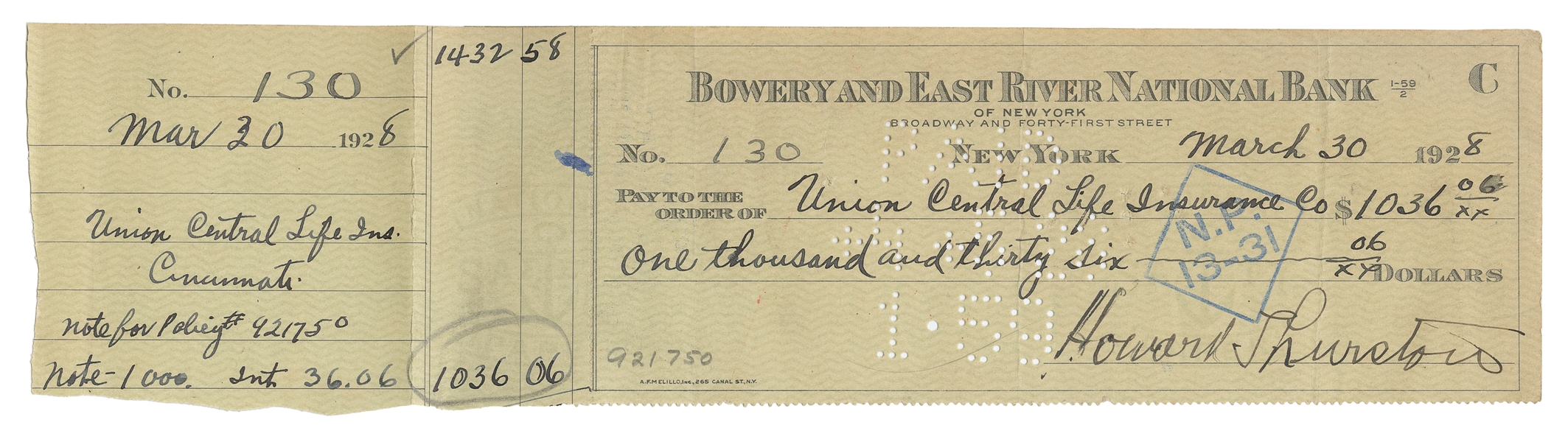  THURSTON, Howard (1869–1936). Howard Thurston Signed Check....