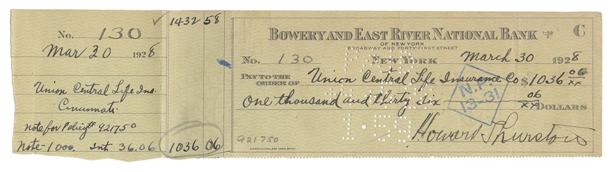  THURSTON, Howard (1869–1936). Howard Thurston Signed Check....
