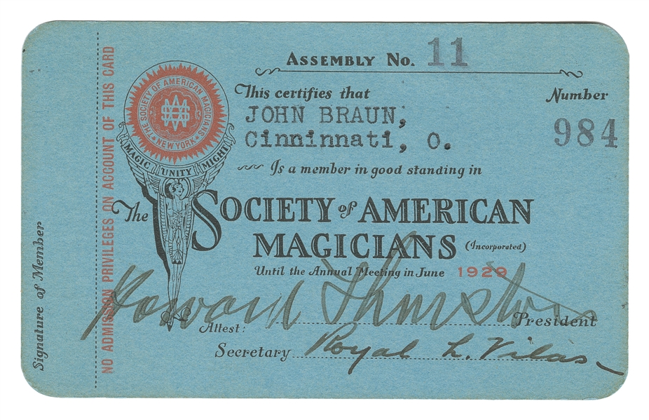  THURSTON, Howard (1869–1936). Thurston Signed SAM Membershi...
